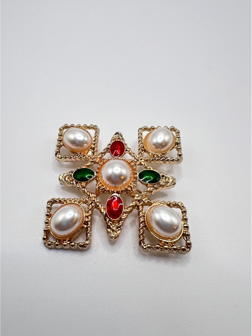 Vintage Gold Tone Faux Pearl Red Green Christmas Snowflake Brooch Pin